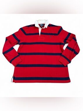 Polo Ralph Lauren Men’s Vintage Red Blue Striped Cotton Blend Rugby Shirt Large